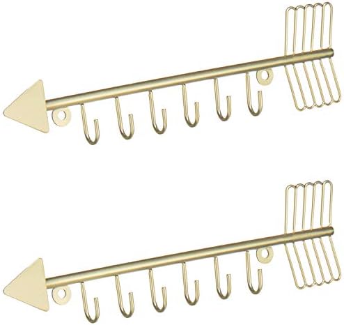 MyGift Brass-Tone Metal Wall Mounted Arrow Design Necklace Organizer Rack with 6 Hooks, Set of 2 - Image 7