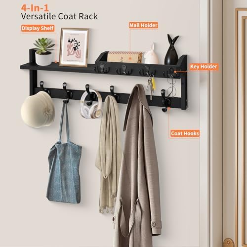Coat Rack Wall Mount with Shelf, 27.5" Entryway Wall Hanging Shelf, Coat and Key Hanger with 10 Dual Hooks, Mail Organizer and Key Holder Hat Rack for Wall, Wood Coat Hooks with Storage - Image 3