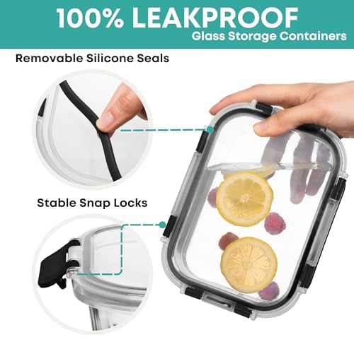 Razab 30 PC Glass Food Storage Containers with Lids - Reusable Glass Meal Prep Containers for Lunch and Leftovers - Airtight & Leakproof Snap Locking Lids - Oven, Freezer, Microwave, Dishwasher Safe - Image 6