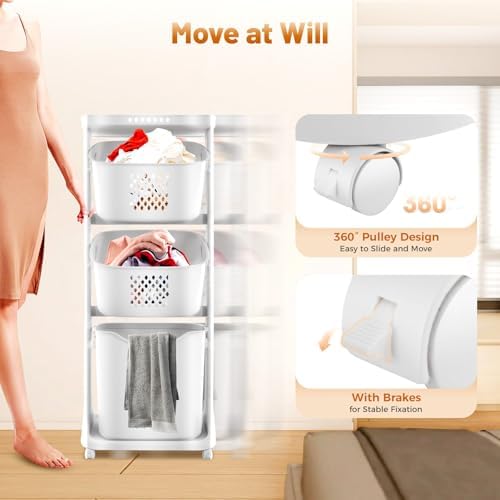 Laundry Sorter Plastic Rolling Laundry Basket Organizer Laundry Hamper Cart for Laundry Room Bedroom College Dorm (3 compartments) - Image 4