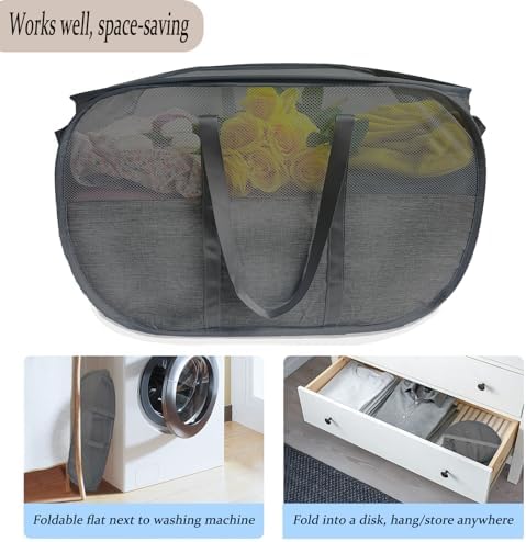 Extra Large Mesh Pop Up Laundry Hamper 2 Pack,100L Collapsible Laundry Baskets, Dirty Clothes Hamper with Reinforced Handles, Folding Hampers for Travel, Nursery, Dorm or Home. Black - Image 5
