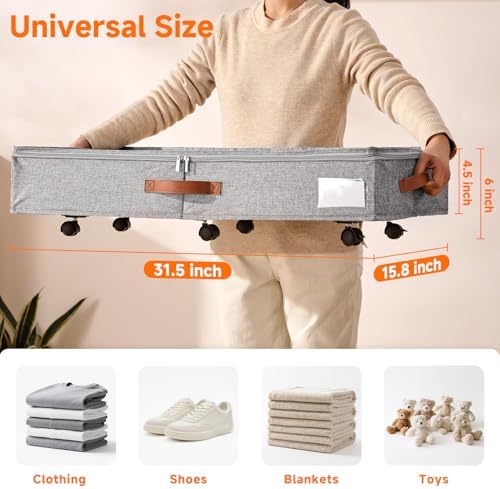 6 Inches Under Bed Storage with Wheels Pack of 2, Underbed Shoe Storage Container Bin with Clear Lid Cover, Rolling Under Bed Drawer Bag Basket for Shoe Organizer Sheet Sweater - Grey - Image 2