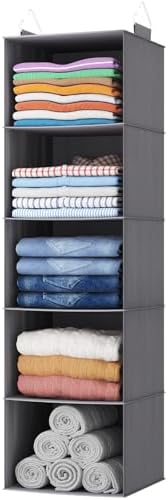 Lifewit Hanging Closet Organizer and Storage for Clothes 5 Tier | Portable, Foldable, Fabric, Top of Shelves with 2 Sturdy Hooks, Clothing Organization for Wardrobe, Dorm, Bedroom, Gray by Lifewit