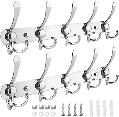 TICONN Wall Mounted Coat Rack, Five Heavy Duty Tri Hooks All Metal Construction for Jacket Coat Hat in Mudroom Entryway (Chrome, 2-Pack) by TICONN