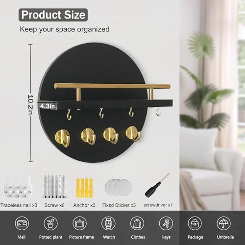 10.2" Key Holder Wall Mount with Shelf & Mail Organizer, 8 Hooks Black - Image 6