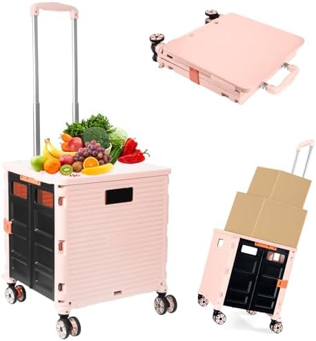 Foldable Utility Cart Folding Portable Rolling Crate Handcart Shopping Trolley Wheel Box with Lid Wear-Resistant Noiseless 360°Rotate Wheel for Travel Shopping Moving Storage Office (Pink) by ZIYOULANG