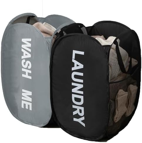 Collapsible Mesh Pop Up Laundry Hamper 2Pack Foldable Laundry Basket for clothing, stuffed animals, towels, for Laundry Room, Dorm, Apartment (Black+Grey) by Aplter