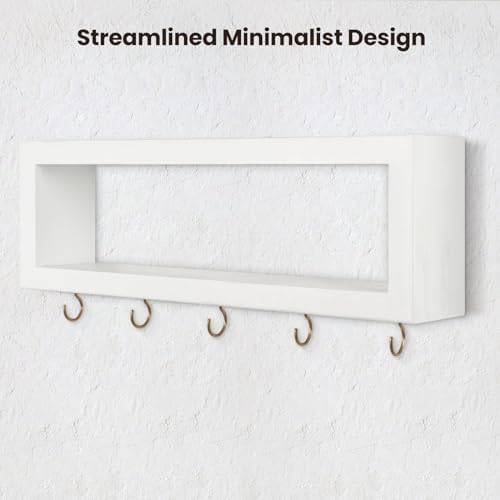 Lwenki Wall Shelf with Hooks - Decorative Key and Wallet Holder for Wall Holds Sunglasses, Leashes, Scarves and Lanyards - 15.7" x 5.1" x 2.9" Entryway Organizer Made of Paulownia Wood (White) - Image 4