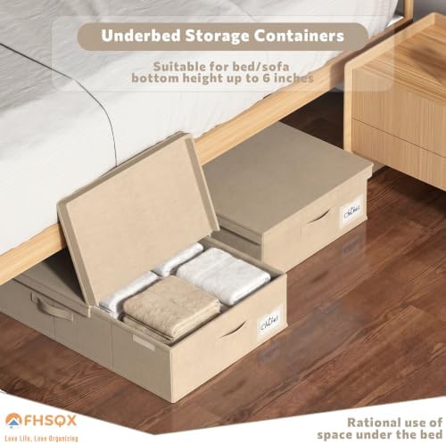 FHSQX Under Bed Storage Container 2Pack 6 Inches Low Profile Under-bed Organizer Bins Slim Under Couch Storage Box Ideal For Seasonal Clothes Blankets Towel Fabric (2, Beige, 31.5 * 16.5 * 6in) - Image 2