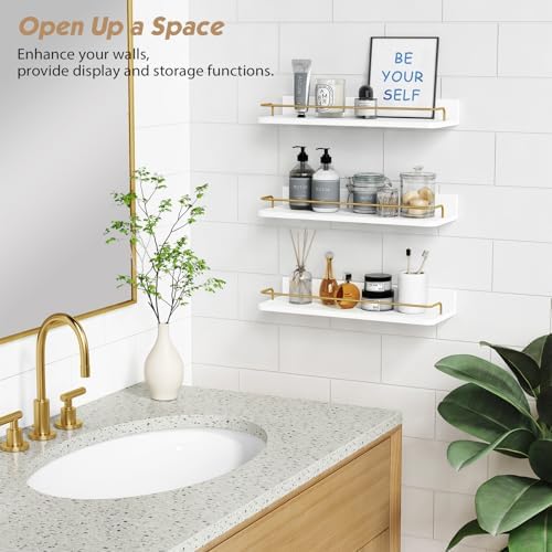 Forbena Gold Floating Shelves for Wall Decor Set of 3, Bathroom Shelves Over Toilet, Modern Display Wall Shelf with Guard Rail for Living Room Bedroom Organizers and Storage - White and Gold - Image 5
