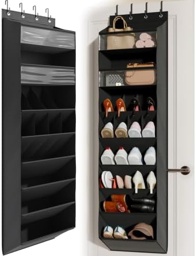 Mefirt 16-20 Pairs Over the Door Shoe Organizer, Clear Pockets Shoe Rack for Closet Door, Hanging Shoe Rack for Boots, Behind the Door Shoe Holder Fit All the Family's Sneakers, Boots, Heels, Black by Mefirt