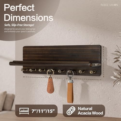 Rebee Vision Acacia Wood Key Holder Wall Mount for Entryway, Dark Brown - Image 2