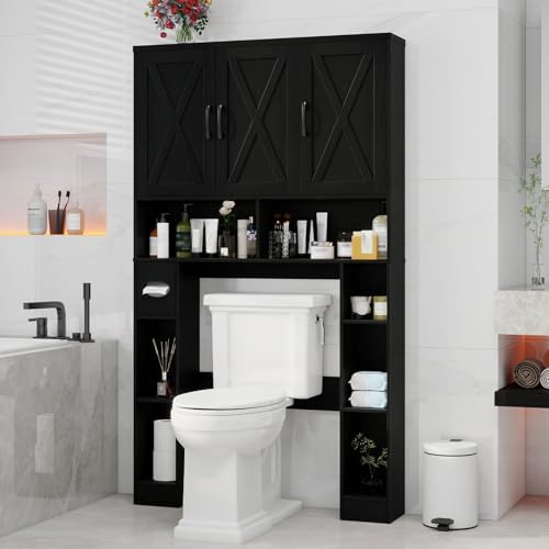 Vabches Over The Toilet Storage Cabinet with 3 Barn Doors.Black - Image 7