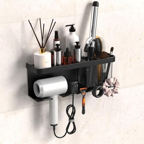 Hair Dryer Holder Wall Mounted Adhesive/Drilling, Hair Dryer Storage Organizer with Shelf & Hooks for Bathroom, Blow Dryer Holder, Hair Tool Organizer (Black) by Unknown
