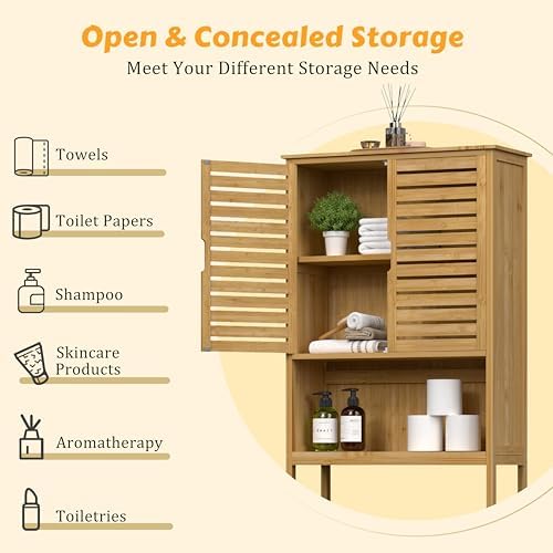 Yardenaler Over-The-Toilet Storage Shelf with Doors, Bathroom Freestanding Bamboo Organizer Space Saver with Adjustable Shelf, Natural - Image 4