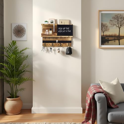 Key Holder Wall Mount with Shelf, Key Hooks for Wall, Wood Color - Image 6