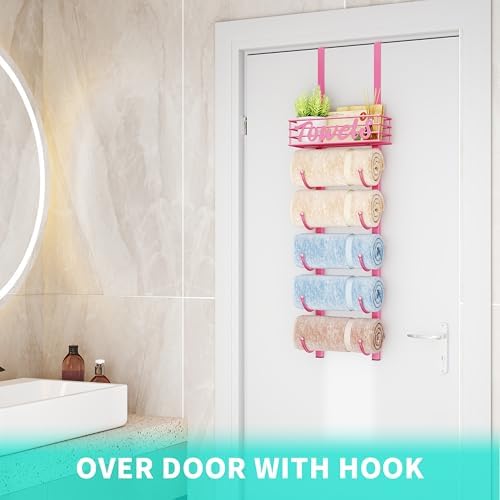 HapiRm Towel Racks for Bathroom Storage - 6 Tier Over The Door & Wall Mount Rolled Towel Storage Organizer Holder with Metal Shelf Basket for Small Bathroom, Camper, Rv - Pink, Patented - Image 4