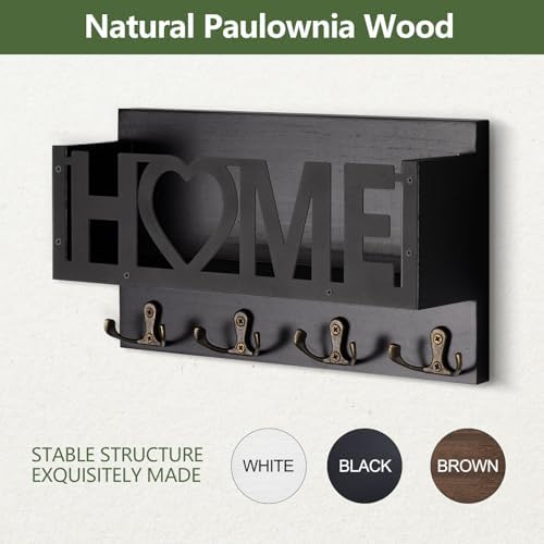 Wall Mount Mail and Key Holder, Wooden Mail Organizer with 4 Double Hooks, Black Metal Letters, Farmhouse Home Decor, Entryway Storage, 10.8 x 3.3 x 6.2 Inches - Image 5