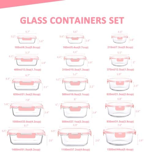 KOMUEE 30 Pieces Glass Food Storage Containers Set, Pink - Image 2