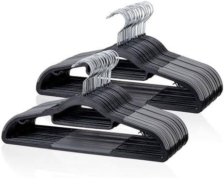 Tonswachic Heavy Duty Plastic Hangers 50 Pack, Space Saving Clothes Hangers, Non-Slip, 0.2 Inches Slim, 360° Swivel Silver Hook for Shirts, Sweaters & Pants, Black and Dark Gray by TonswachicHangersSpaceSaver