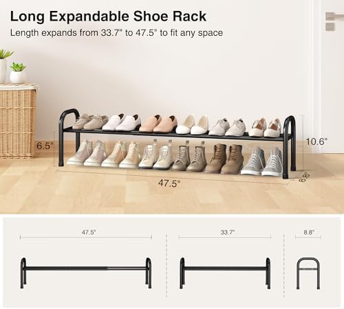 STO STO Long Expandable Shoe Rack 1-Tier, Adjustable Length 33.7”–47.5” Shoe Organizer, Metal Shoes Storage Shelf, Holds Up to 12 Pairs, Non-Slip Feet, for Closet, Entryway, Hallway, Front Door, Black - Image 4