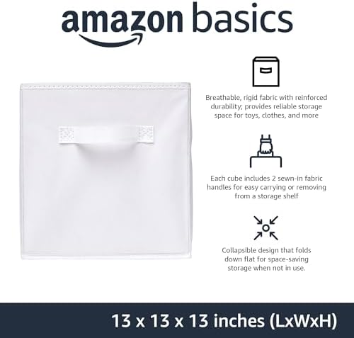 Amazon Basics Collapsible Fabric Storage Bins with Handles, Cube Organizer, 13"x13"x13", White, 6-Pack - Image 2