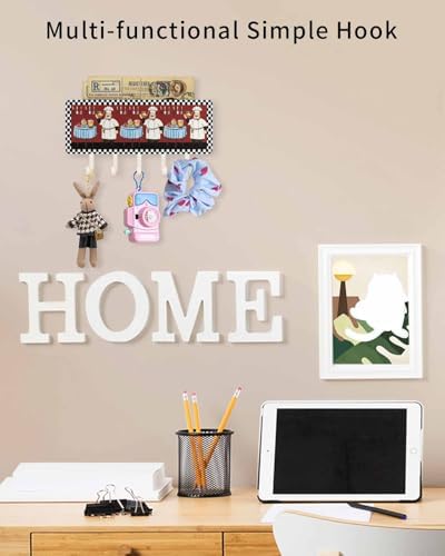 Red Chef Key Holder Wall Mount, Black White Check White Hanging Mail Organizer with 5 Key Hooks Wall Decorative, Adhesive Key Rack with Shelf for Hallway Kitchen Farmhouse Entryway Decor - Image 5