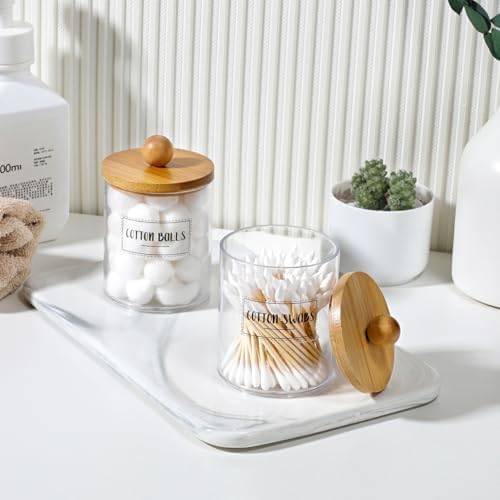 2 Pack Qtip Holder Dispenser with Bamboo Lids - 10 oz Clear Plastic Apothecary Jar Containers for Vanity Makeup Organizer Storage - Bathroom Accessories Set for Cotton Swab, Ball, Pads, Floss - Image 5