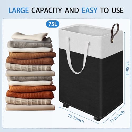HomeHacks 75L Rolling Laundry Basket with 4 Wheels Collapsible Black - Image 2