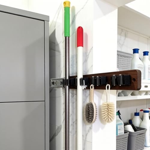 Right Pull Out Mop and Broom Holder, Rustic Wood Broom Hanger with 4 Slots and 4 Hooks for Home Décor, Kitchen, Laundry Room and Closet, Broom and Mop Organizer Wall Mount for Garage Organize - Image 2