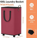 SpaceTrove Rolling Laundry Basket with Wheels, Laundry Hamper, 100L, Red - Image 4