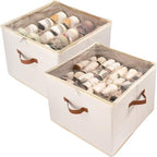 Shoe Organizer Box 2 Pack, Shoe Storage Organizer with Clear Cover, Adjustable Dividers Fits 16-32 Pairs, Fabric Shoe Organizer for Closet, Beige by Vexalora