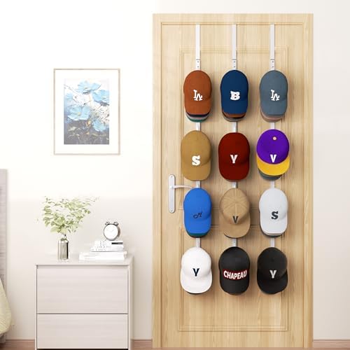 HapiRm Over Door Hat Rack - 3 Packs Hat Organizer with 12 Hooks Design, Hanging Baseball Cap Organizer Storage Holds Up to 60 Caps for Door, Bedroom, Closet (White) - Image 5
