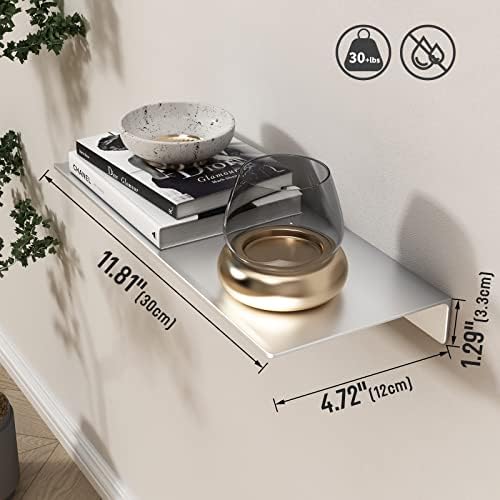 Danpoo 12 inch Metal Wall Shelf Small Floating Shelf for Wall Organizer & Storage, Display Shelf for Bathroom, Living Room, Kitchen, Bedroom(Silver) - Image 3