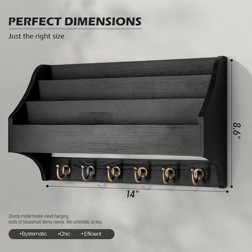 Rebee Vision Mail Organizer Wall Mounted with 6 Key Hooks, Black - Image 2