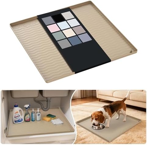 URMONA Waterproof Silicone Under Sink Mat 22'' x 22'' Shelf Liner for Kitchen and Bathroom, Cabinet and Counter Protector, Storage and Organizers, Litter Mat, Pet Cat Puppy Essentials(Khaki) by URMONA