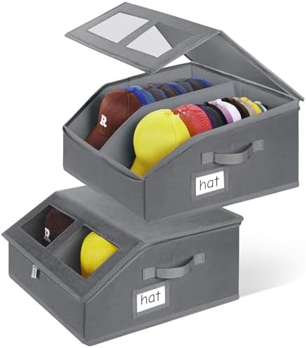 2 Pack Hat Storage for Baseball Caps-Holds Up to 48 Caps, Hat Organizer for Closet Stackable Hat Box with Cardboard, Dustproof Baseball Cap Organizer with 2 Handles for Home Travel (Grey, 2Pack) by RZMAYIS