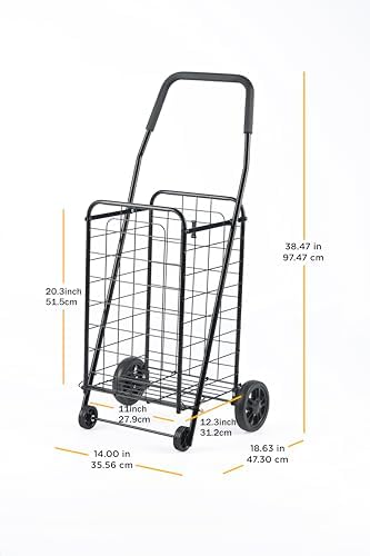 Whitmor Foldable Utility Shopping Cart with Wheels, Heavy Duty Metal Grocery Cart, Portable Foam Handle, Rolling Collapsible Trolley for Groceries, Laundry, Storage, Black - Image 3