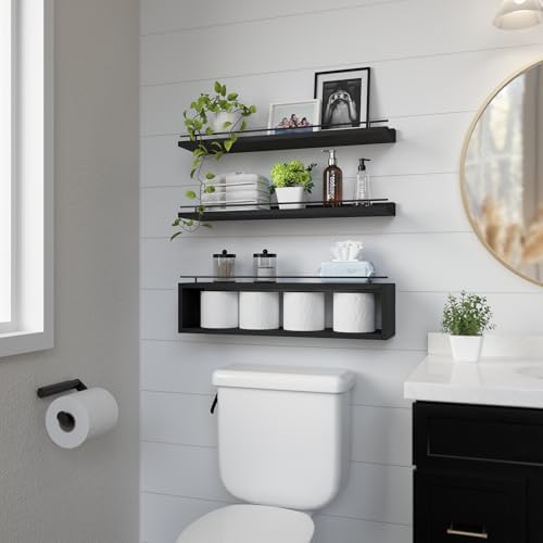WOPITUES Floating Shelves for Wall 24 inch with Cube Shelf, Wall Shelves with Metal Rail for Decor, Bathroom Organizers and Storage, Over Toilet Shelves for Bathroom, Toilet Paper-Black - Image 4