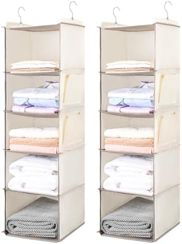 BOOMIBOO Hanging Closet Organize and Shelves,5-Hanging Shelf （2 Pack,Beige） | with 2 Side Pockets，Storage Foldable by BOOMIBOO