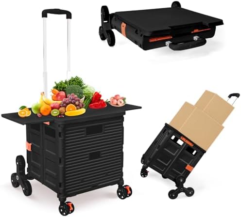 Foldable Utility Cart with Stair Climbing Wheels,Collapsible Rolling Crate with Magnetic Lid Telescopic Cover,Telescoping Handle,360° Rotate Wheel Hand Cart for Teacher Shopping Moving Grocery(Black) by ZIYOULANG