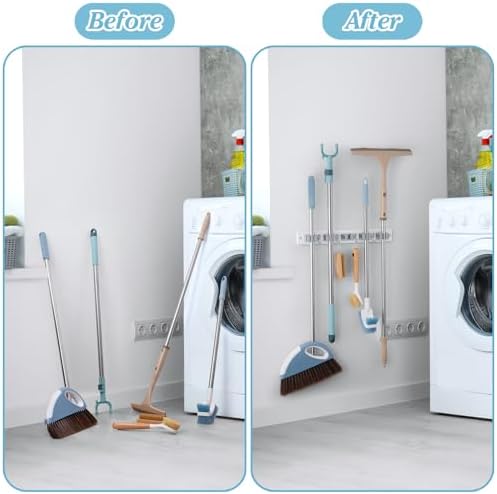 White Broom Holder Wall Mount - Heavy Duty Wood Mop and Broom Organizer with 5 Slots & 4 Hooks - Garden Tool Hanger for Laundry Room Closet Kitchen Garage Storage and Organization - Modern Home Decor - Image 5