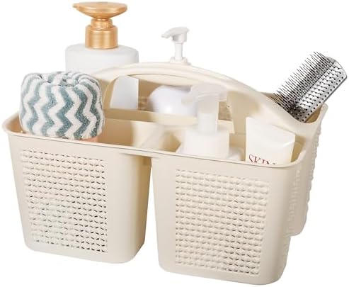 Plastic Portable Shower Caddy Basket with Handle, 3 Compartments, Beige by UUJOLY