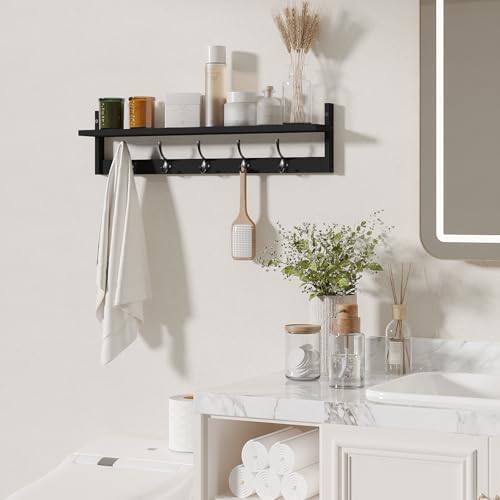 BAMEOS Wall-Mounted Shelf with Hooks - 28.9 Inch Entryway Hanging Shelf with 5 Dual Hooks for Bathroom, Living Room, Bedroom (Black) - Image 3