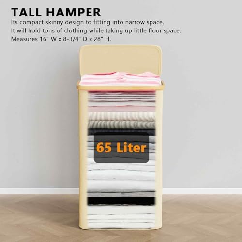 SpaceAid Slim Laundry Hamper with Lid, 65L Narrow Clothes Basket Bin with Bamboo Handles, Skinny Tall Collapsible Hamper for Bedroom, Bathroom, Dorm, Laundry Room - Beige - Image 5