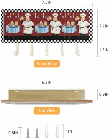 Red Chef Key Holder Wall Mount, Black White Check White Hanging Mail Organizer with 5 Key Hooks Wall Decorative, Adhesive Key Rack with Shelf for Hallway Kitchen Farmhouse Entryway Decor - Image 3