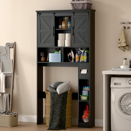 Halitaa Toilet Rack with 2 Sliding Barn Doors, Black - Image 4