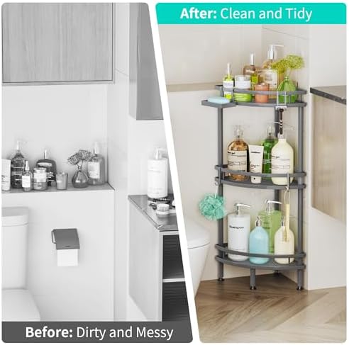 HapiRm Standing Corner Shower Caddy - 3 Tier Shower Organizer Corner with Soap Holder and 4 Hooks, Rustproof Bathroom Storage Shelves with Adhesives, Grey - Image 6