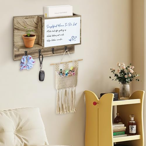 Rustic Mail and Key Holder wall Mount, Brown Solid Wood with Magnetic Whiteboard, 4 Hooks, Entryway Organizer - Image 6