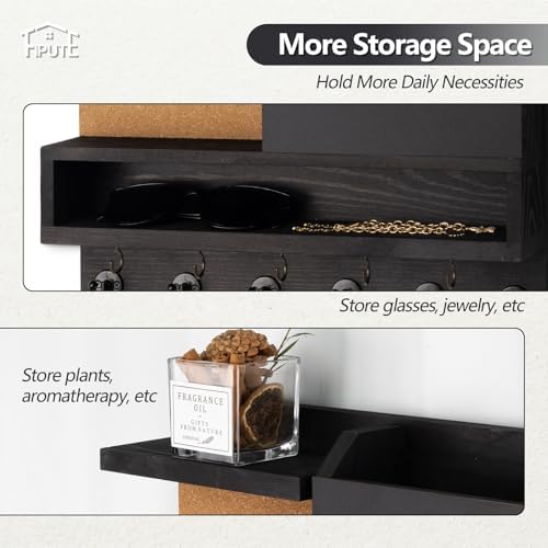 Key Holder for Wall Mount with Mail Organizer, Farmhouse Key Holder for Wall with Shelf, Chalkboard&Corkboard, Entryway Organizer 11 Metal Hooks, Decorative Natural Pine Wood, 14.6*11.1*3.3”, A-Black - Image 2
